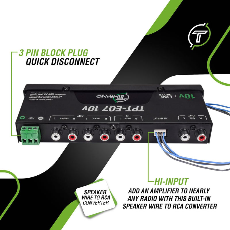 Timpano 7 band equalizer TPT-EQ7 10V High Voltage Line Driver 6 Channel RCA Output and Subwoofer Control and Crossover 1/2 Din Graphic Car Audio Eq with High Level Input