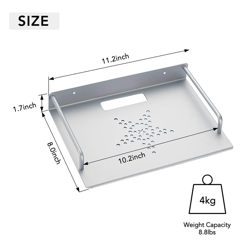 Small Wall Shelf 2PCS Set, Floating Shelf,NO Drilling Projector Wall Mount - Alumimum Alloy, SIZE 11X8inch, Loading Capacity 8.8lbs, Used for Media Boxes, Game Consoles, Routers, Projectors and Sounds Silver