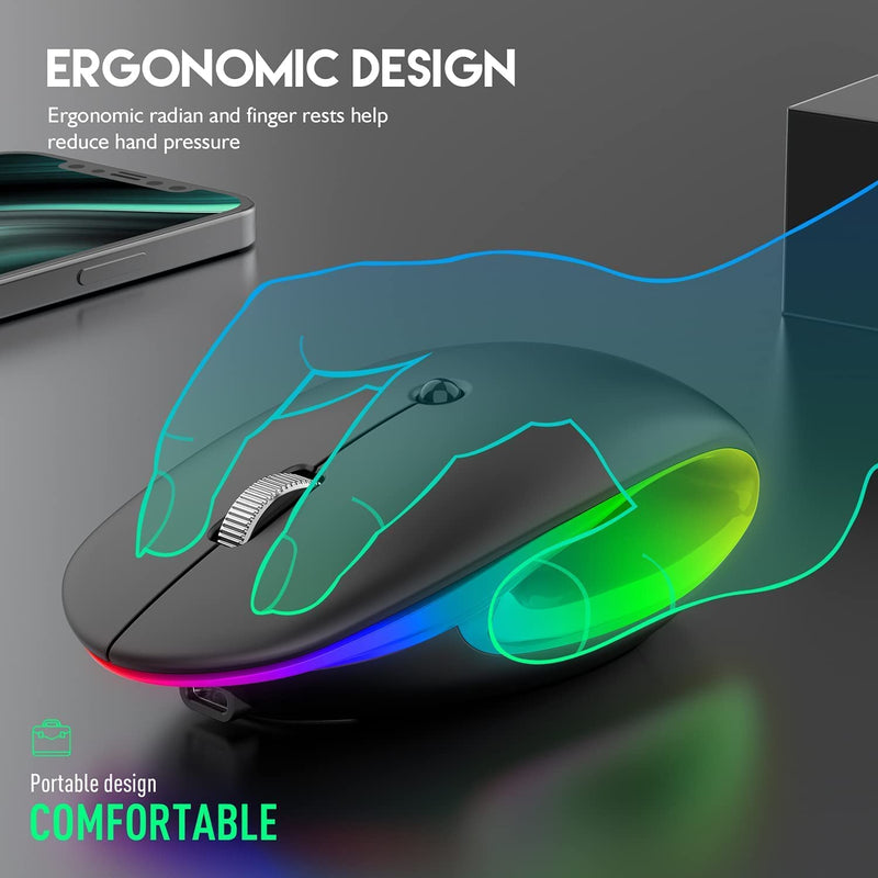 Dancesoul LED Rechargeable Wireless Mouse, 2.4G Noiseless Mouse with USB Receiver and RGB Light,Portable Computer Mice for PC, Tablet, Laptop-Black Mouse