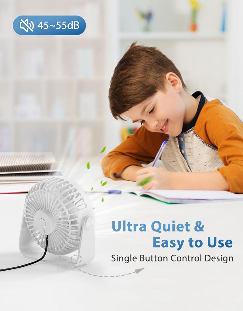 TriPole USB Desk Fan 4.5 Inches Portable Mini Fan Powerful 3 Speeds Wind Personal Desktop Fan with 360° Head Rotation for Home Office Car Indoor Outdoor White