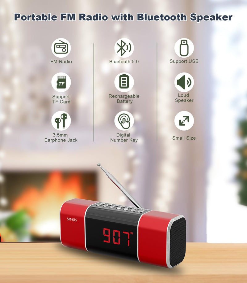 SEMIER Small Digital FM Radio with Bluetooth Speaker, Portable Rechargeable USB/SD Card MP3 Player Radio with Wireless Speaker and Headphone Jack for for Home/Outdoor Red