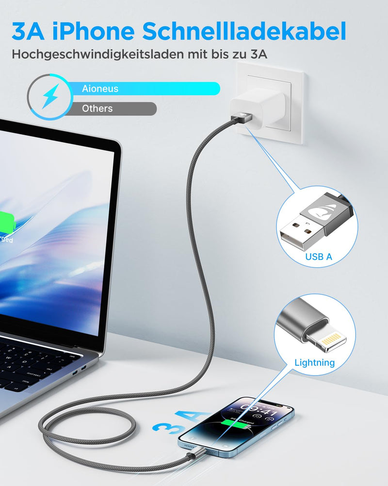 iPhone Charging Cable, Lightning Cable, 3M Charging Cable, iPhone Cable, MFi Certified iPhone Fast Charging Cable, Nylon Fast USB Lightning Cable for iPhone 14 13 12 11 Pro Max Mini XS XR X 8 7 6 6s 3 metres grey