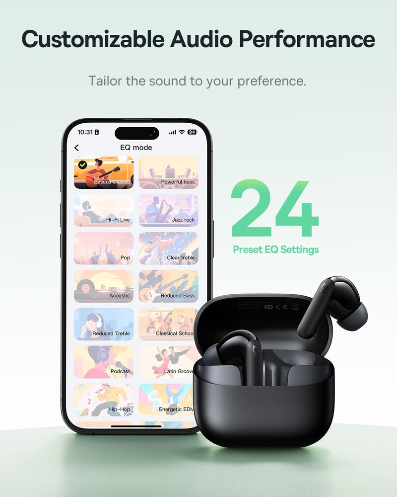 Baseus Bass BP1 NC Hybrid Active Noise Cancelling Wireless Earbuds, 12mm Super-Bass Driver, 41H Playtime, Bluetooth 6.0, IP55 Waterproof, 4-Mic AI ENC, 24 Customizable EQ Black