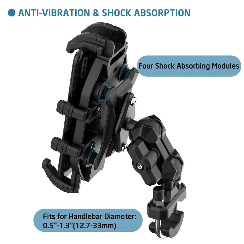 Vibration Damping Motorcycle Phone Mount -Shock Absorbing Bracket with Anti-Theft Design & 1" Ball Base 360° Rotation Universal for 4.0"-7.2" Phones, Fits for 0.5"-1.3" Handlebars