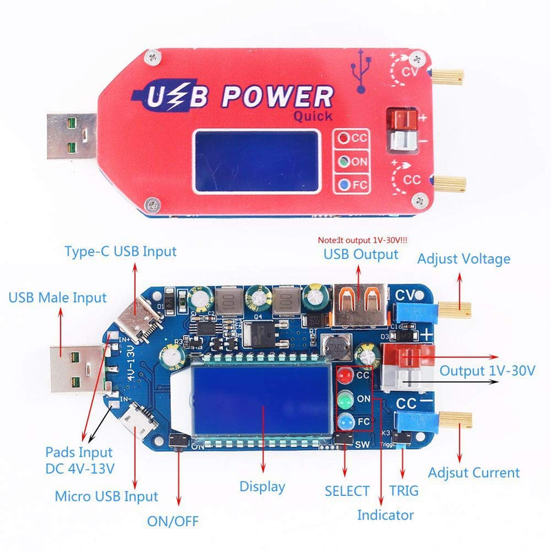 Fasizi 15W USB Step Up Power Supply Module Boost Adjustable Converter Fan Speed Control Potentiometer with LCD Display - Red