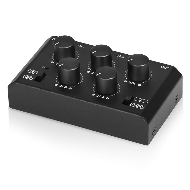 DoukAudio MC5-BX Mini Audio Mixer: 4-Channel Ultra Low-Noise Stereo Line Mixer for Home Studio Bar, Active & Passive Modes, Portable Metal Design for Musicians DJs