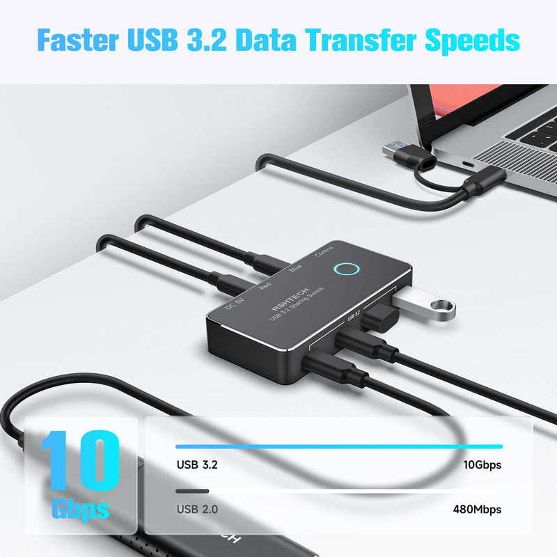 [AUSTRALIA] - RSHTECH USB 3.2/USB C Switch 10Gbps 2 Computers Share 4 USB 3.2 Ports(2 USB-A+2 USB-C), USB Switcher Selector with 2 Cables and Controller for PC Laptop (No Video Output or Charging) 