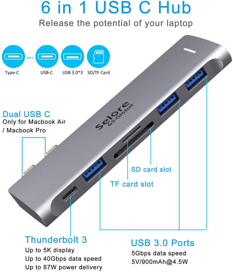 USB C Adapter for MacBook Pro/MacBook Air M1 2020 2019 2018 13" 15" 16", 6 in 1 USB-C Hub MacBook Pro Accessories with 3 USB 3.0 Ports,USB C to SD/TF Card Reader and 100W Thunderbolt 3 PD Port