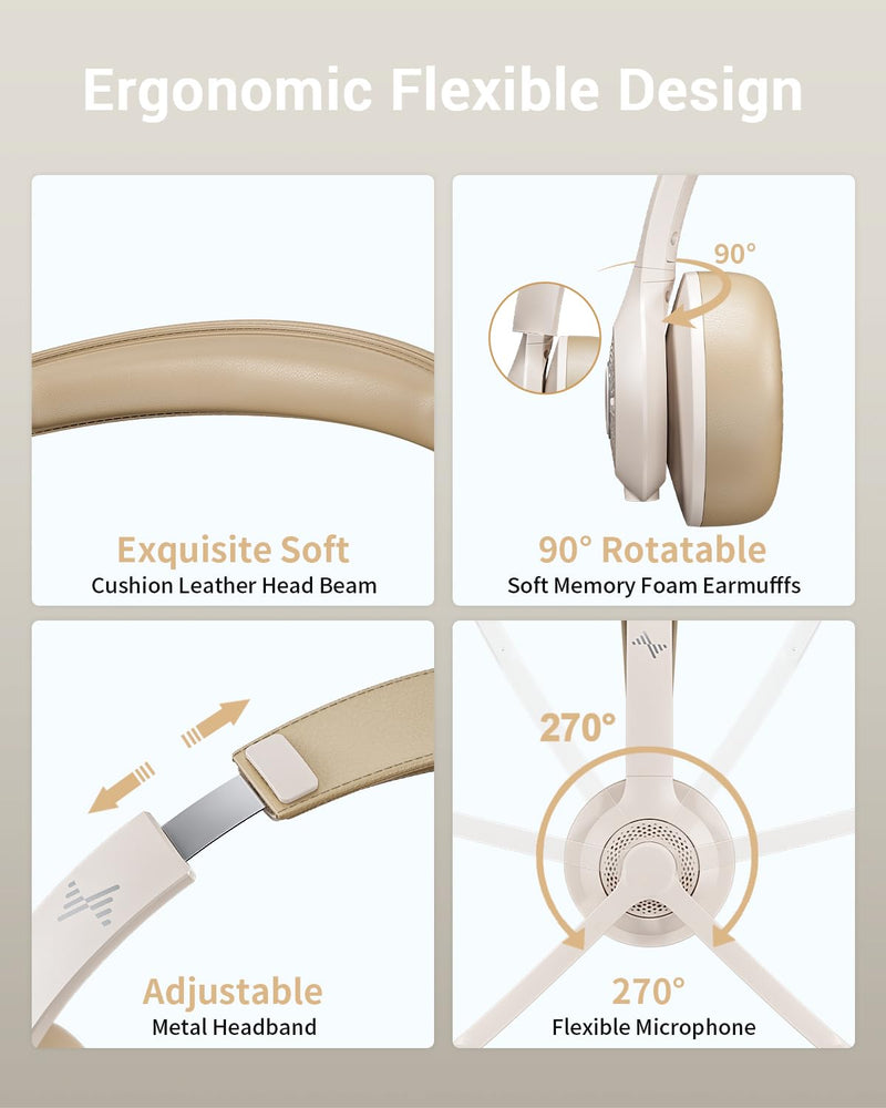 Wireless Headset with AI Noise Cancelling Microphone Bluetooth Headset - Bluetooth V5.2 Headphones with USB Dongle & Mic Mute for Computer/Laptop/PC/iPhone/Android/Cell Phones/Zoom/Ms Teams-WHITE White
