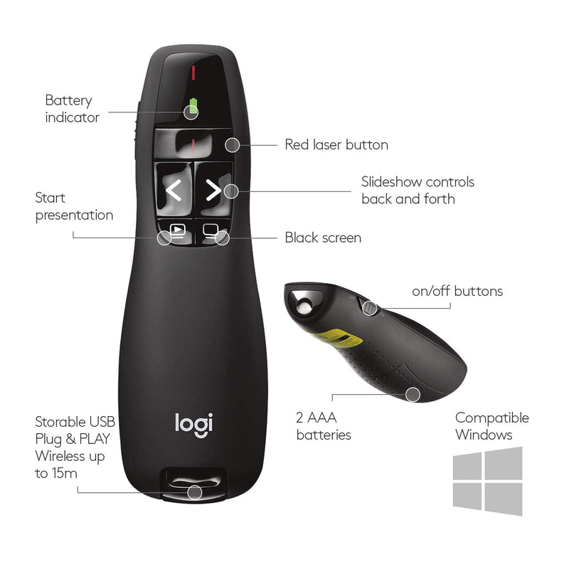 Logitech Wireless Presenter R400, Wireless Presentation Remote Clicker with 50 ft Red Laser Pointer 910-001356 1 Count