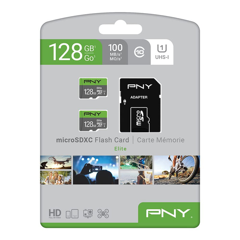 PNY 128GB Elite Class 10 U1 microSDXC Flash Memory Card 2-Pack - 100MB/s, Class 10, U1, Full HD, UHS-I, micro SD FLASH CARD - 2 PACK