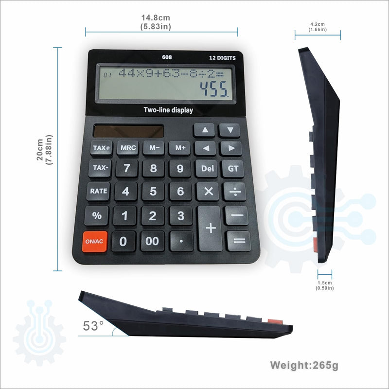 DECKLIT Battery and Solar Unique 120-Step Calculation Check 12 Digit 2 Line Extra Large Calculator Big Buttons and 5.5" LCD Display, Configurable Tax Rate Financial Calculator for Tax Calculations 2 line black