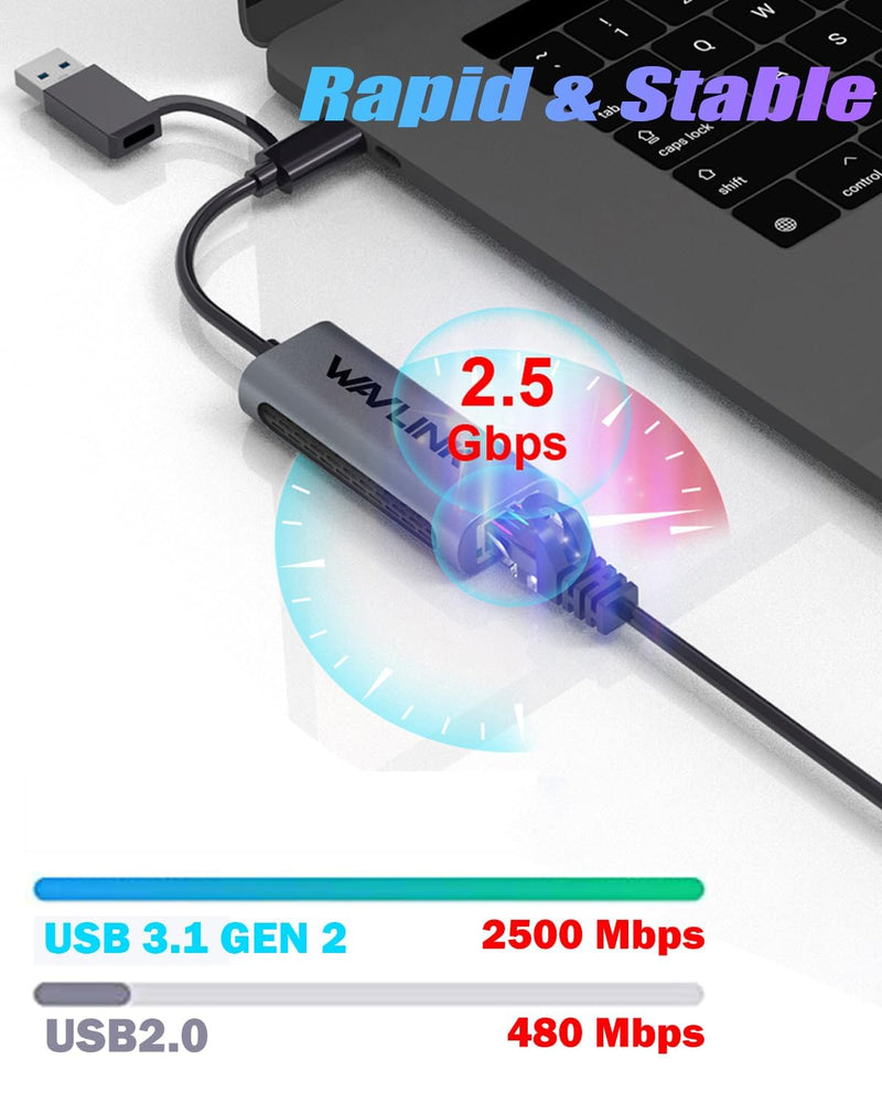 [AUSTRALIA] - Wavlink USB C to Ethernet Adapter 2.5 Gbps, 2-in-1 USB to 2.5G Ethernet Adapter, USB-C to RJ45 Network Converter (Thunderbolt 4/3 Compatible), Aluminum Case for Windows, Mac OS, iPad OS and More. 2.5GbE 