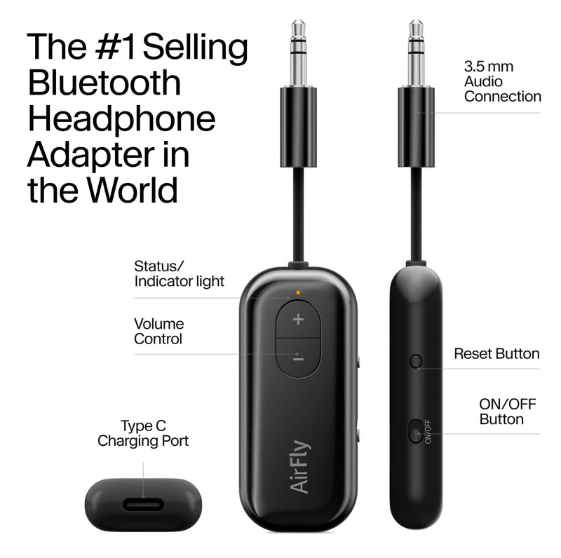 [AUSTRALIA] - Twelve South AirFly SE, Bluetooth Wireless Audio Transmitter for AirPods/Wireless or Noise-Cancelling Headphones; Use with Any 3.5 mm Audio Jack on Airplanes, Gym Equipment or iPad/Tablets (Black) Black 