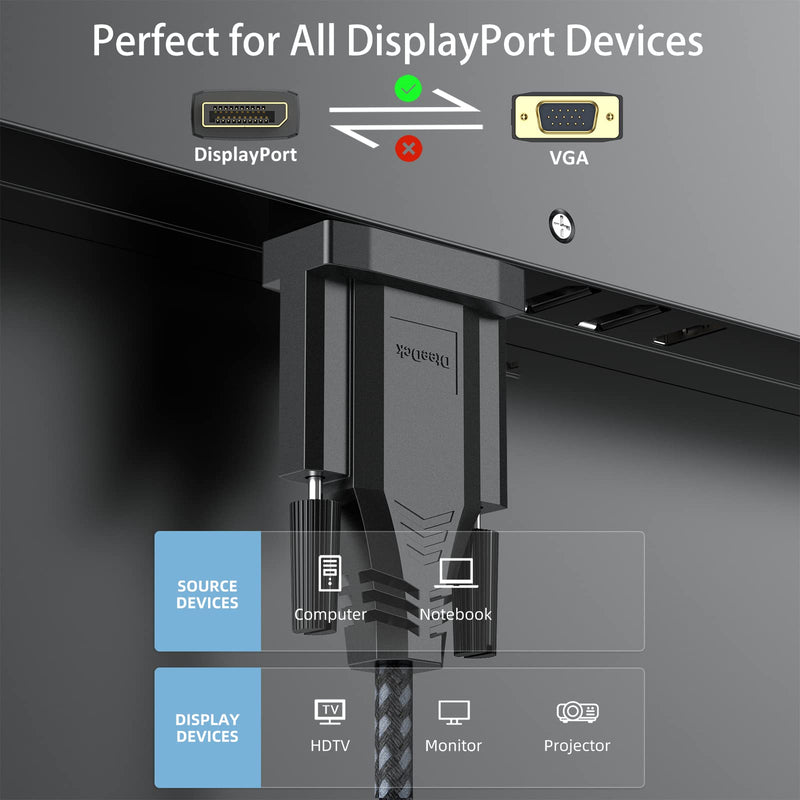 DisplayPort to VGA Cable 3Ft, DP Display Port to VGA Adapter Cable Converter Male to Male Braided Cord for Monitor Desktop Laptop Display Projector HDTV 3 Feet 1 Pack