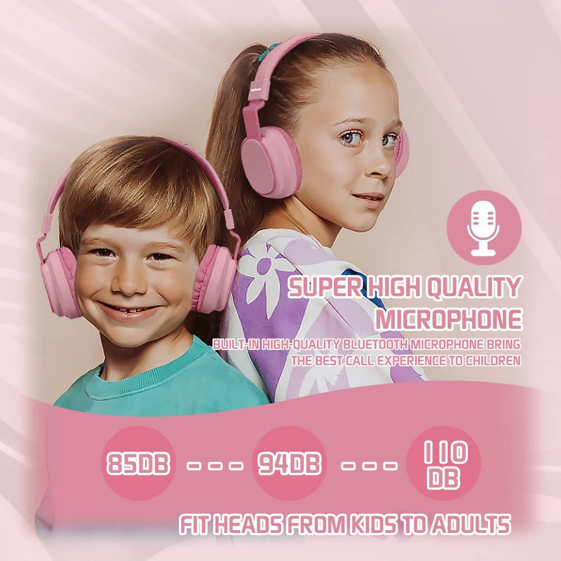Headphones Kids Bluetooth Wireless Volume Limited 85/110dB Over On Ear Foldable Noise Protection Headset with Cable AUX 3.5mm Mic for Child Boy Girl Travel School Pad Tablet Pink