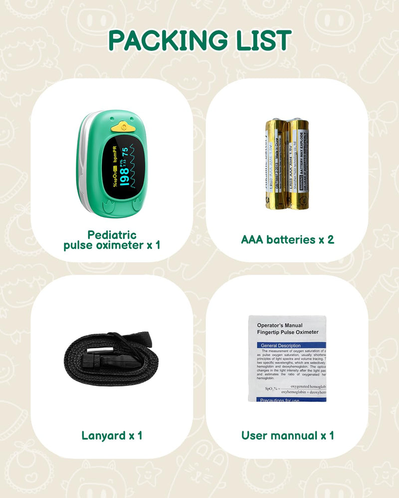 Paediatric Pulse Oximeter, HOLFENRY Oxygen Saturation Meter Finger for Children Pulse Oximeter Finger Oximeter Child-friendly Design Monitoring of SpO2, PI, Heart Rate grass green