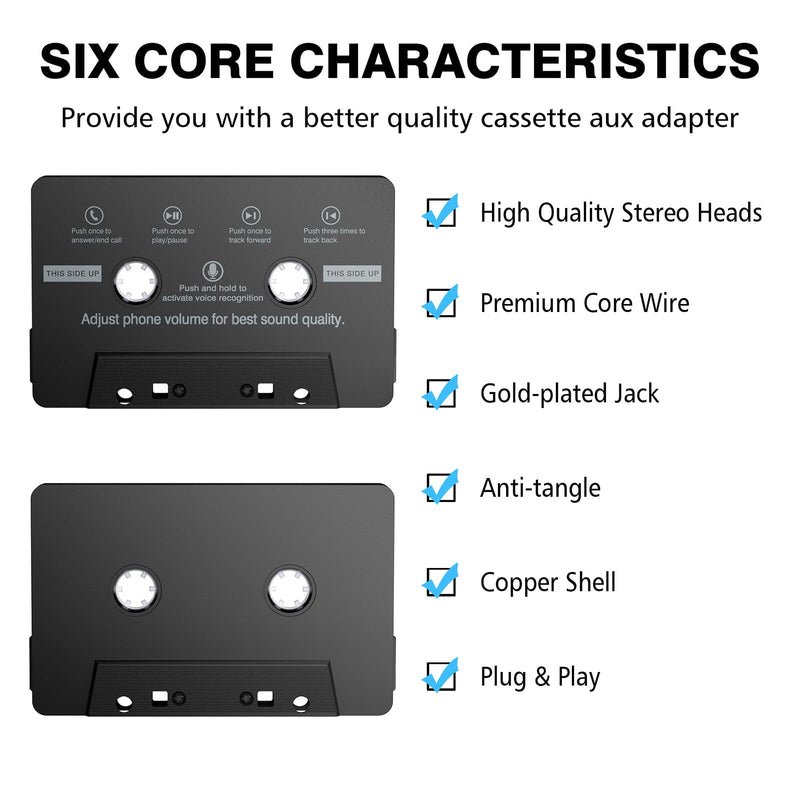Car Cassette Aux Adapter with Microphone, 3.5MM Cable Audio Cassette Tape Adapter Player for Car, MP3, Phone, 3.2 Feet Cable