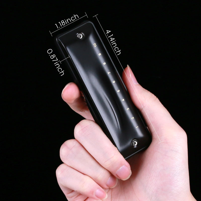 JDR Harmonica Key of C Ninja, Blues Mini Harp 10 Holes 20 Tones Musical with Case for Adults Beginners Teacher Professional Students Musician Folk Rock Standard Diatonic Mouth Organ Black