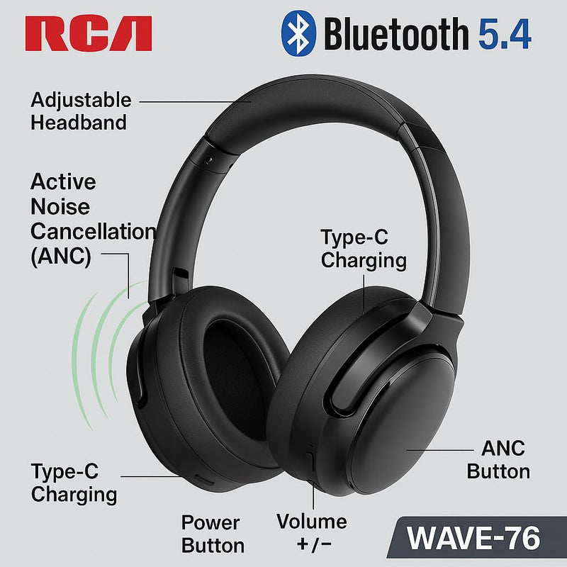 RCA WAVE-76 Noise Cancelling Headphones, Wireless Bluetooth 5.4 Over Ear Headphones with 40mm Drivers, 25-Hour Playtime, USB-C Charging, Adjustable Headband