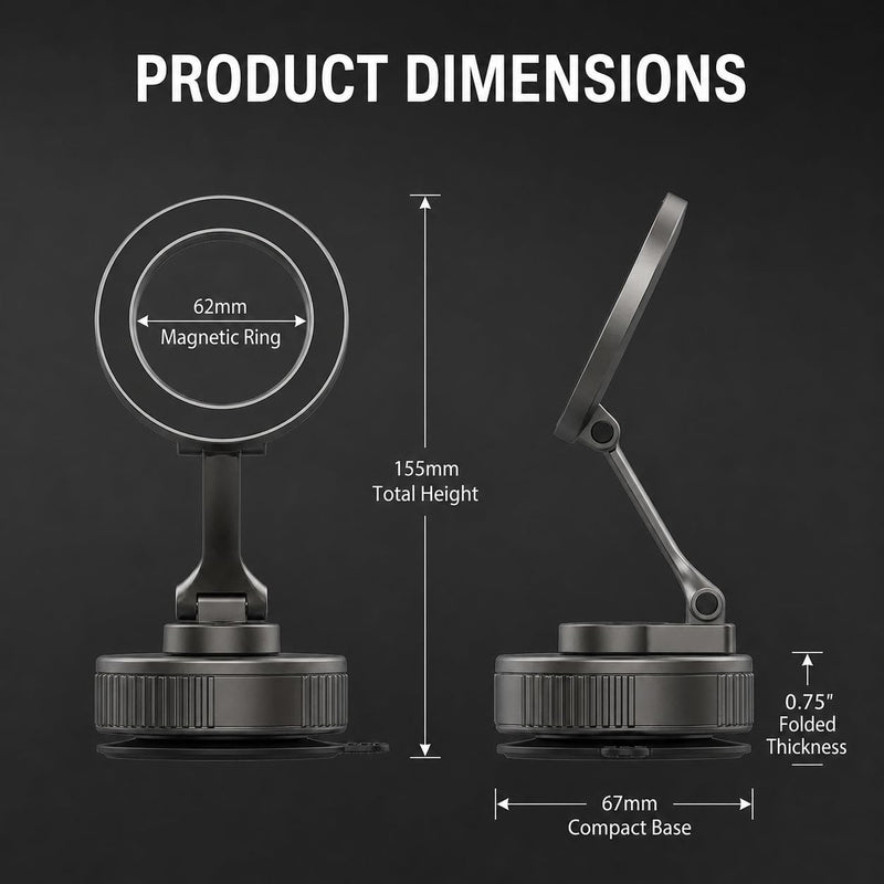 Suction Phone Mount for Car, Twist-Lock, Fold-Flat for MagSafe | Up to 98 lb suction, 2400gf N52 magnetic hold, zinc alloy body, 360° adjustable, folds to 0.75 in, magnetic ring included
