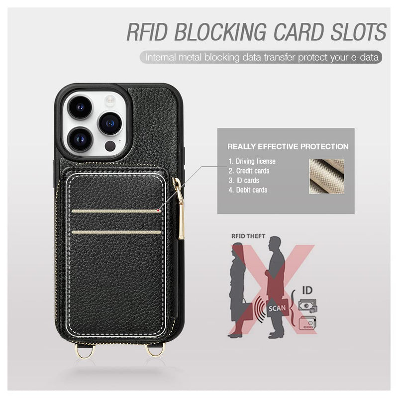 ZVE iPhone 13 Pro Max Crossbody Wallet Case, Card Holder Phone Case for Women, Zipper Leather Purse with Wrist Strap, RFID Blocking Cover Gift for iPhone 13 Pro Max (6.7 inch, 2021)- Black iPhone 13 Pro Max, 6.7"