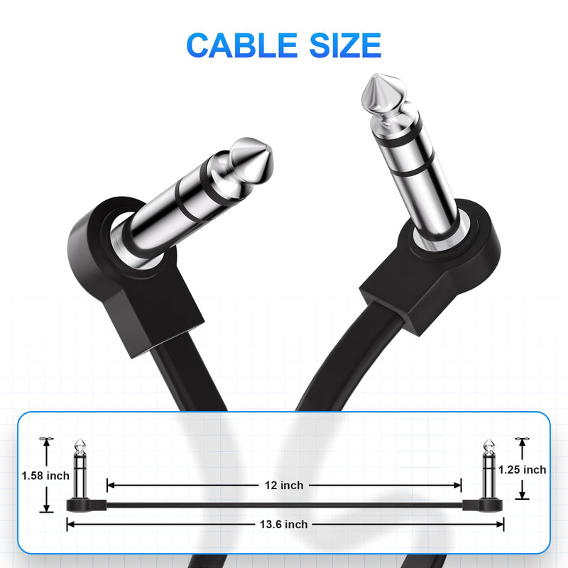 2 Pack Premium 1/4 Inch Stereo TRS Flat Patch Cables, Low Profile to Save More Space TRS Cables with 12 Inch Length, Noise Free and Long-Lasting Guitar Pedal Cable, Right Angle, Black