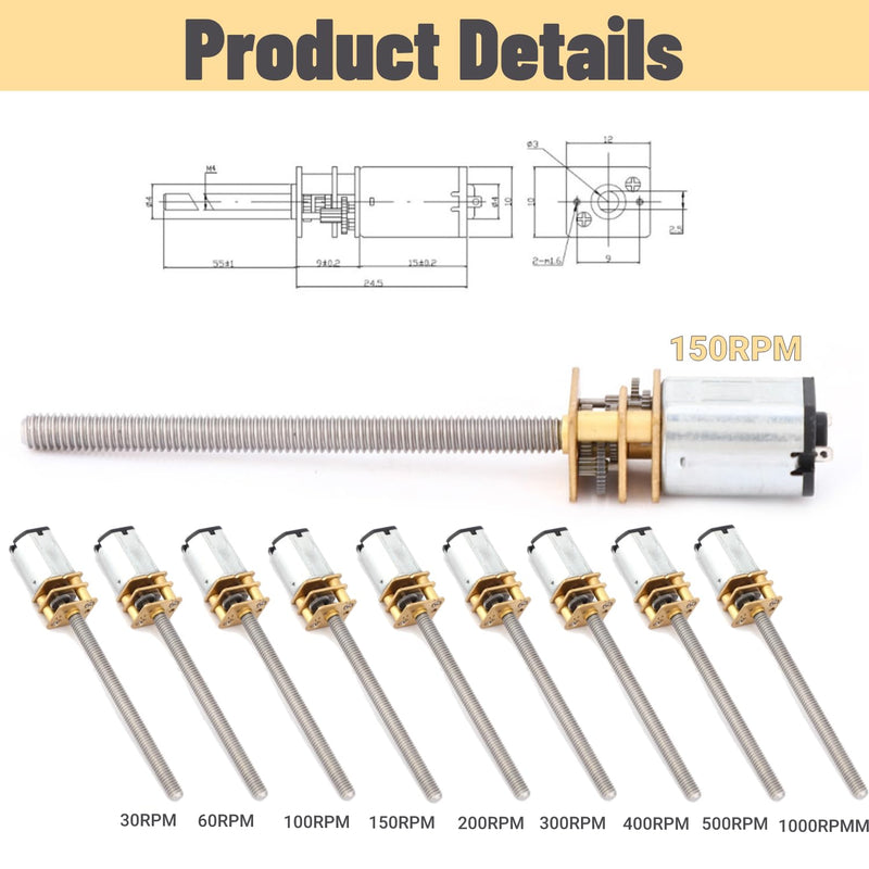 DC 12V Gear Motor, Ball Screw Motor, N20 Gear Motor, Lead Screw Speed Reduction Electric Motor M4 x 55 mm, 12 V, Ball Screw Accessories (150 rpm)