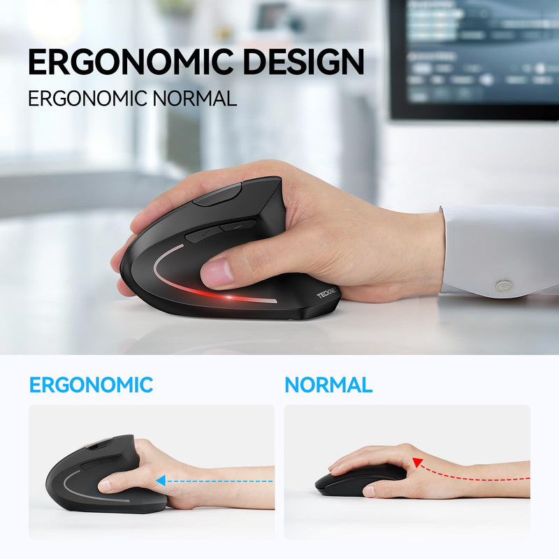 TECKNET Ergonomic Mouse, Wireless Bluetooth Vertical Mouse, 4800 DPI Silent Mouse with 6 Adjustable DPI Levels, 2.4GHz Optical Mouse, 6 Buttons Wireless Mouse for Laptop, Desktop, PC, MacBook Black
