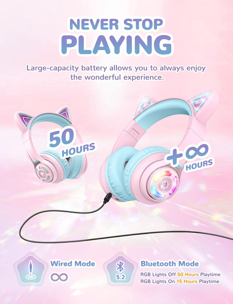 iClever Cat Ear Kids Bluetooth Headphones, LED Lights Up, 74/85/94dB Volume Limited, 50H Playtime,Bluetooth 5.2, USB C, Kids Headphones Wireless for Travel iPad Tablet, Meow Macaron (Pink) Pink
