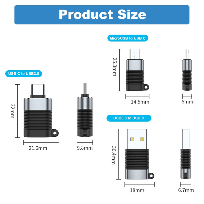 [AUSTRALIA] - AreMe USB C Adapter (6 Pack), Micro USB Male to USB C Female, USB 3.0 Male to USB C Female, USB Type-C Male to USB 3.0 Female Converter Connector Black and Grey 