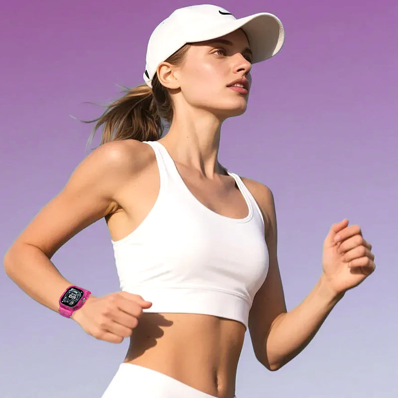 iMangoo Sports Band with Bumper Case for Apple Watch Ultra 3/2/1 49mm Pink | Transparent TPU Protective Bumper Cover Sweatproof Scratch Resistant Rugged for iWatch 49 mm Men Women