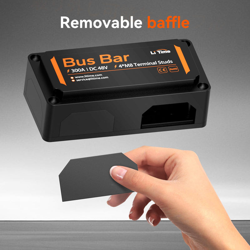 LiTime 300A Bus Bar, 4×M8 Studs Power Distribution Block, Max 48V DC, Black | RV/Car/Solar Home 12V 24V 36V 48V 16V Systems, for LiFePO4 & Lead Acid Battery, for Automotive Marine Electrical System Use Black 300A