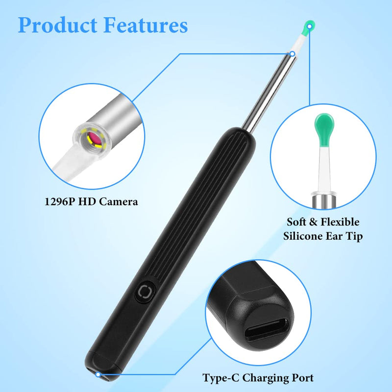ACWOO Ear Wax Remover Otoscope, Ear Cleaner Camera Ultra Thin, IP67 Waterproof Ear Endoscope Ear Cleaner for Adults, Wireless HD Otoscope for Adults, Children and Pets, Black