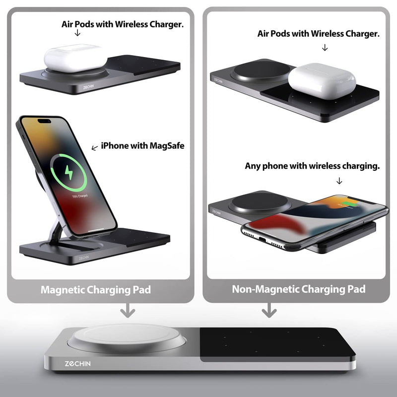 Mag-Safe Charger Stand for iPhone， Wireless Charger Stand for Apple Products, 2 in 1 Magnetic Charging Station for iPhone 15/14/13/12 Series, Airpods 3/2/Pro with Adapter (Black) black