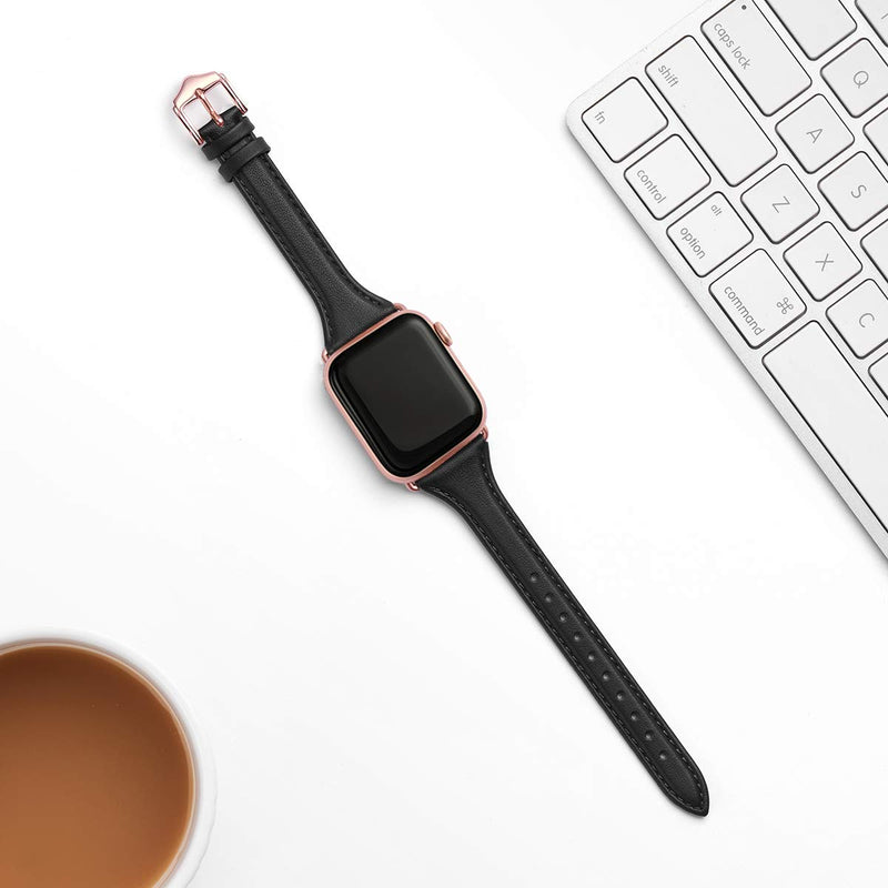 Slim Apple Watch Leather Band and Stainless Steel Metal Band for iWatch 38mm, 40mm, and 41mm，Black Rose Glod+Metal Rose Gold