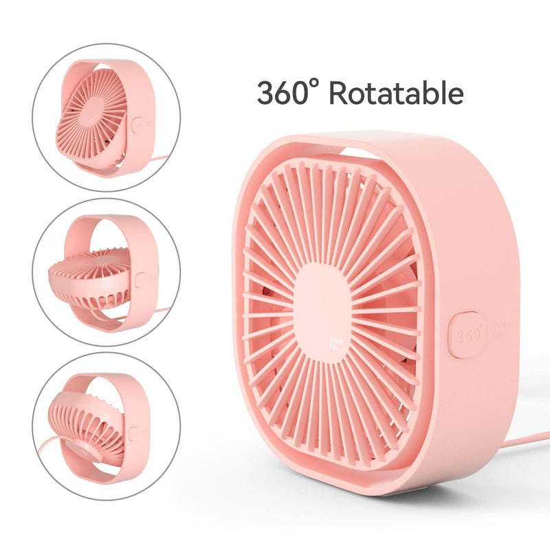 RJVW Small USB Desk Fan, 3 Speeds Portable Table Fan, 4 inch Personal Min Fan,Small Cooling Fan by USB Plug In, 360°Rotatable Silent Desktop Fan for Home Office Bedroom Dorm Indoor Outdoor Summer Gift Pink