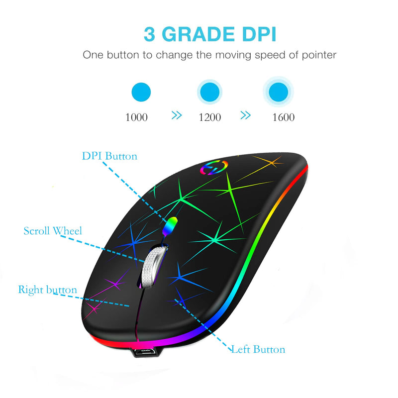 Wireless Mouse, 2.4G Portable Optical Quiet RGB Mouse with USB Receiver and Type C Adapter, 3 Adjustable DPI Levels, Wireless Computer Mouse for Laptop, Computer, PC, MacBook, Desktop Black