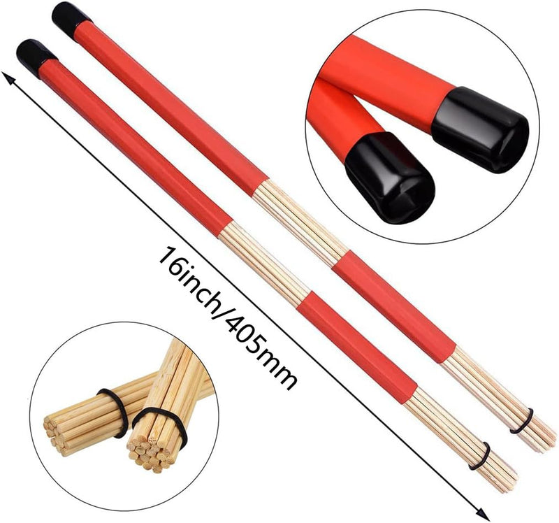 Drum Sticks Set 1 Pair Classic Wood Drum Sticks 1 Pair Nylon Drum Sticks 1 Pair Retractable Drum Wire Brushes and 1 Pair Rods Drum Brushes set for Rock Band, Jazz Folk Drummer Playing (Red) Red