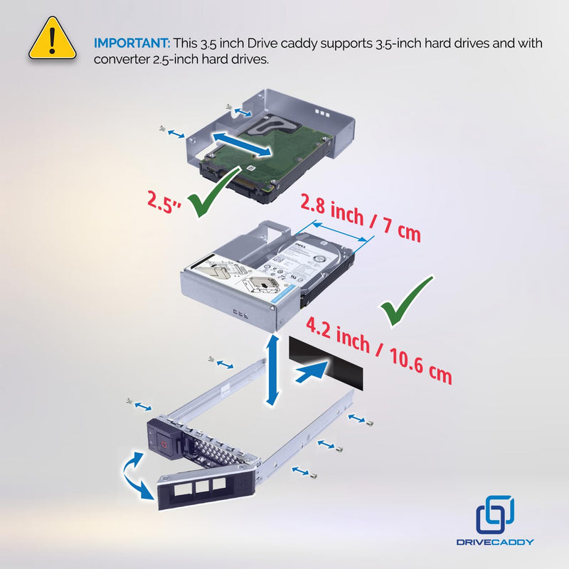 DRIVECADDY 3-Pack 3.5" LFF Caddy with 2.5" Adapter - fits Dell PowerEdge | Only for bigger 4.2" Wide Hot-Plug Bay, R360 T560 R660 R660xs R6615 R6625 R7615 R7625 R760 R760xs R760xd2, Blank Labels, Tray