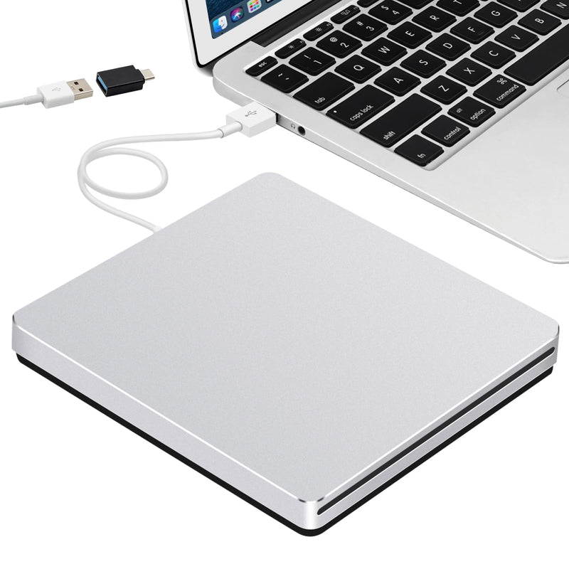Guamar USB Superdrive for Apple Mac: Slim CD Burner Reader Aluminum Silver | Slot-in Portable DVD Player for MacBook Air/Pro/Neo,External CD/DVD Drive for Laptop PC Windows,USB C Adapter,Plug & Play Matte Silver