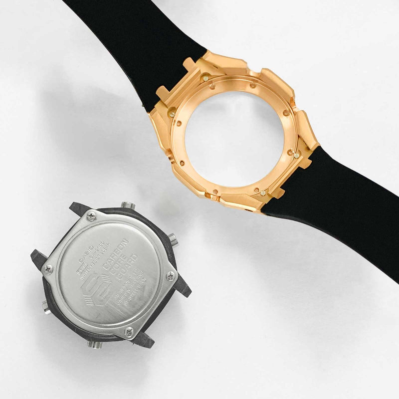 Ga2100 Band Case Strap Mod Kit,Pink Gold Stainless Steel Metal Case Bezel 9 match Color Silicone Band Strap Parts Compatible With Casio G shock Ga-2100 Ga-2110 GAB-2100 Rosegold Case Black Strap yuanding-fba