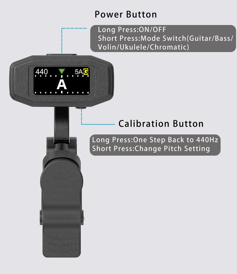 Rechargeable Clip-On Tuner Digital Professional Tuning Tool Tuner for Guitar, Bass, Ukulele, Violin, Mandolin, Banjo, Chromatic Instruments