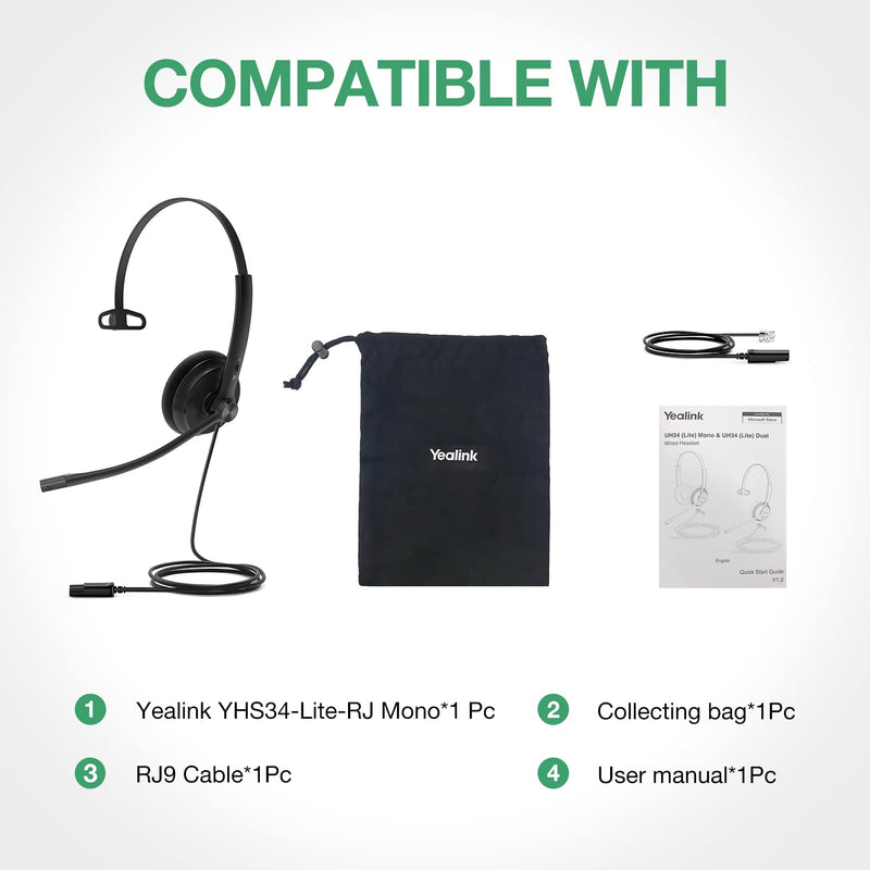 [AUSTRALIA] - Yealink Phone Headsets for Office Phones YHS34 Lite QD to RJ9 Wired Headset Compatible with Poly Snom Grandstream Phones Desk Landline Headset with Microphone -Mono/68g/2.1m Cable Foamy Ear Cushions - Mono Compatible with Yealink|Poly|SNOM|Grandstream 