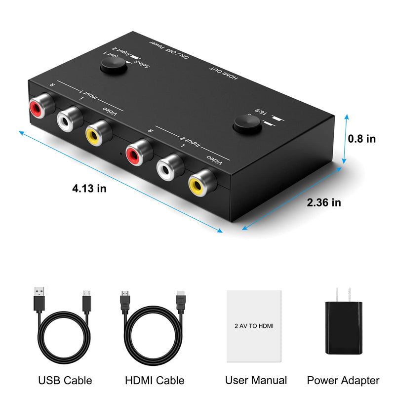 2 AV to HDMI Converter, 1080P/720P 2 Port RCA Composite CVBS AV Switch to HDMI Converter Adapter Support 4:3/16:9 Switching, for TV PC PS2 PS3 N64 NGC SNES WII VHS VCR Camera DVD-Black 2AV to HDMI Converter