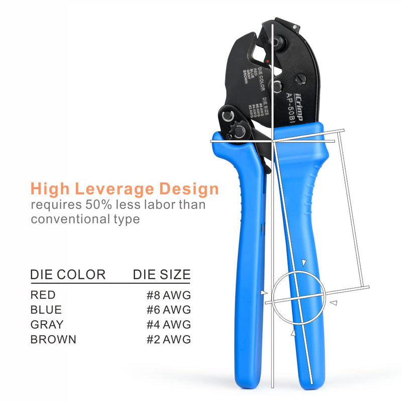 [AUSTRALIA] - iCrimp AP-50BI Battery Cable Ring Terminal Crimper for 8, 6, 4, 2AWG Copper Cable Lugs, Heavy Duty Wire Lugs and Battery Cable Ends 