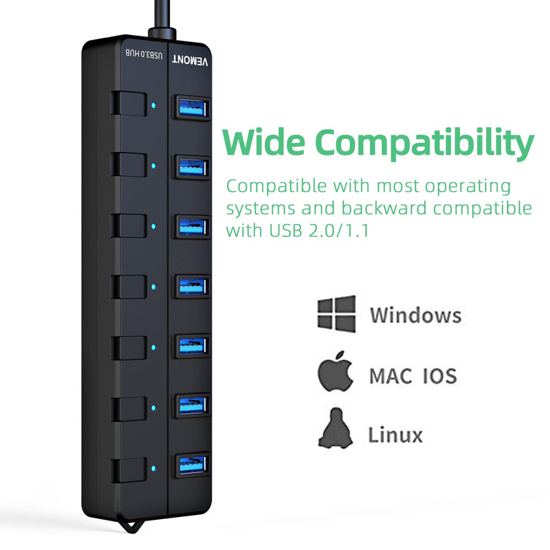 USB hub 3.0,7-Port USB Hub,VEMONT 3.0 USB Splitter with Individual On/Off Switches and Lights, 4ft/1.2m Long Cable USB Extension for Laptop and PC Computer 4ft Black