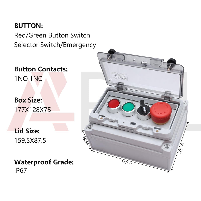 APIELE IP67 Outdoor Waterproof Box Emergency Stop Switch, Red/Green Instantaneous Switch with Protective Cover Anti-Misoperation G/R Instantaneous Switch/EMG Stop Switch/Selector Switch+Box