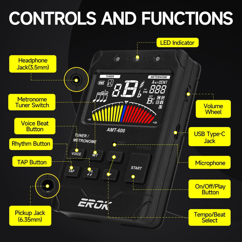 EROK Digital Metronome & Tuner - All-in-One Rechargeable Device with Stereo Headphone Output, Voice Counting, Ideal for Guitar, Bass, Violin & String Instruments(Black) Black