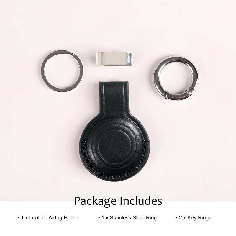 Genuine Leather Airtag Holder Suitable for Apple Airtag Keychain Leather, Secure Air Tag Holder with Stainless Steel Ring Lock, Durable Airtag Case Cover Key Ring - Black V2.0 (No Hole) Black V2.0 (No Hole)